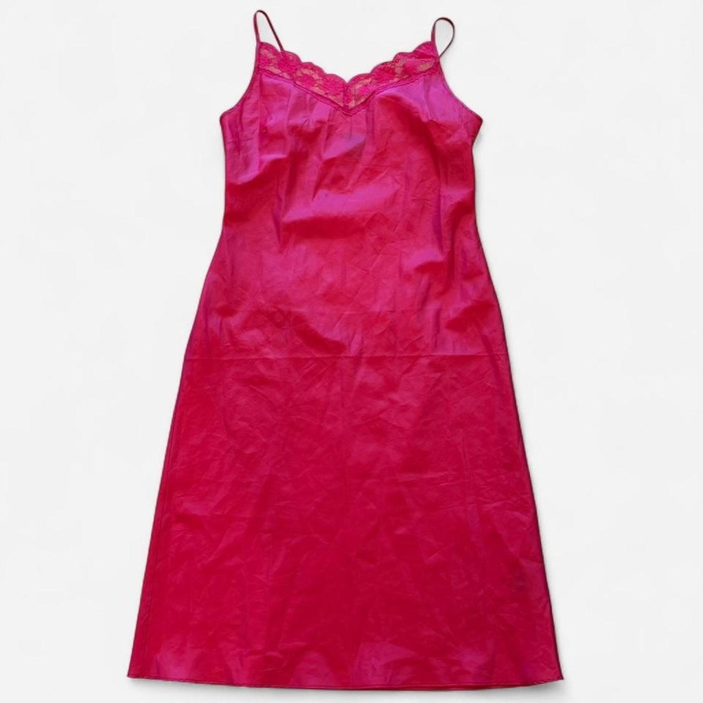 Vintage Fuchsia Pomegranate Pink Slip Nightgown V Neck Dress with Lace Trim